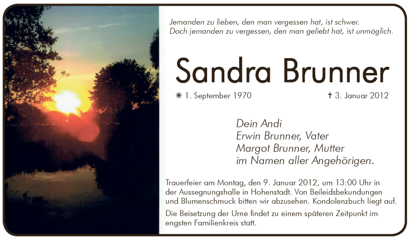  Traueranzeige für Sandra Brunner vom 06.01.2012 aus Pegnitz-Zeitung